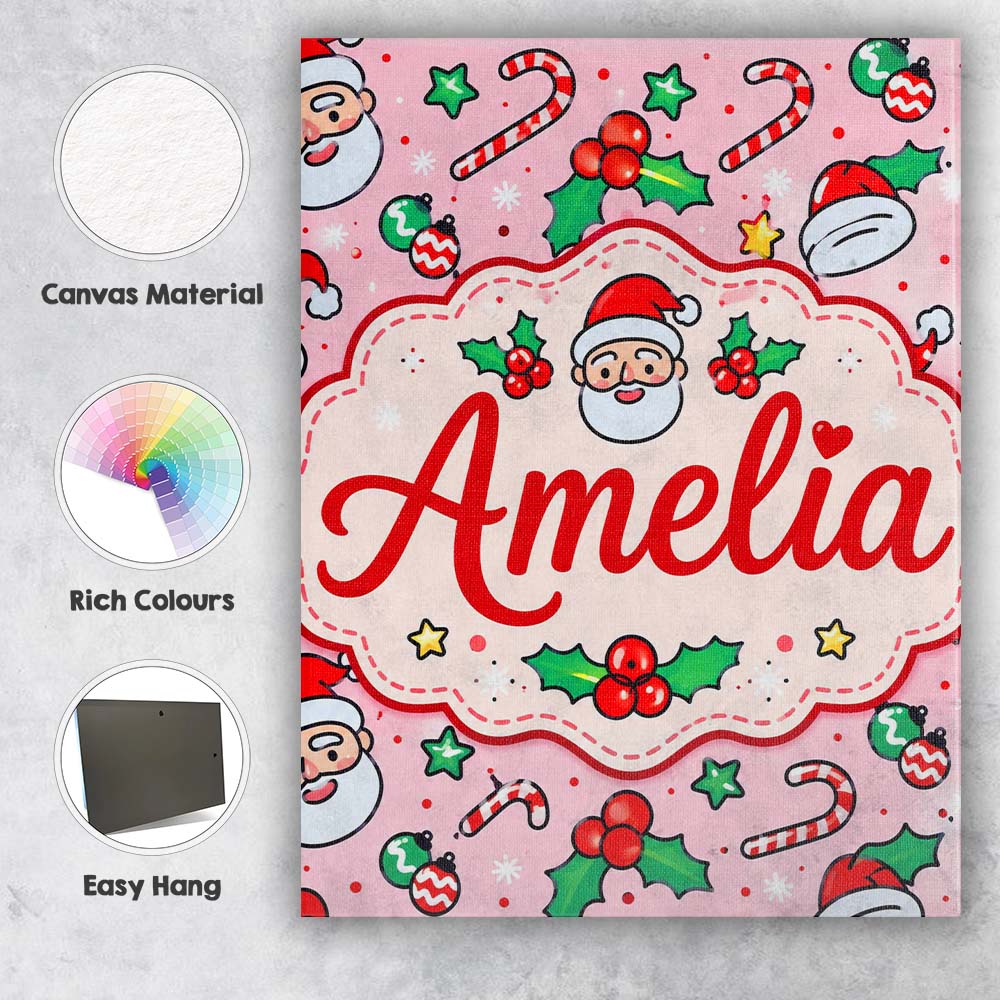 Personalised Name Cute Santa Holly Candy Custom  Unique Gift Idea Elegant Feature Canvas Wall Art Print Decor Picture Ready to Hang