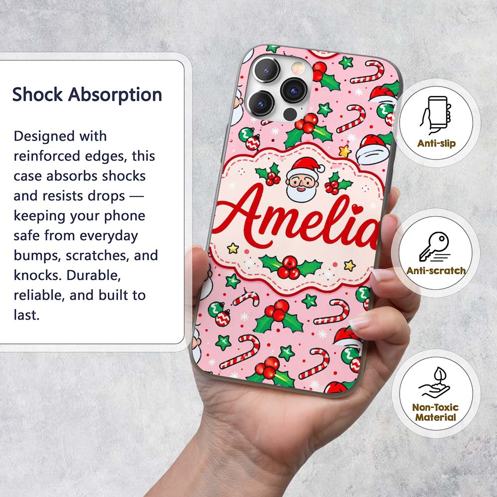 Cute Santa Holly Candy Cane Bauble Printed Design Custom Name Protective Phone Case Mobile Cover Durable Everyday Smartphone Shock Resistant
