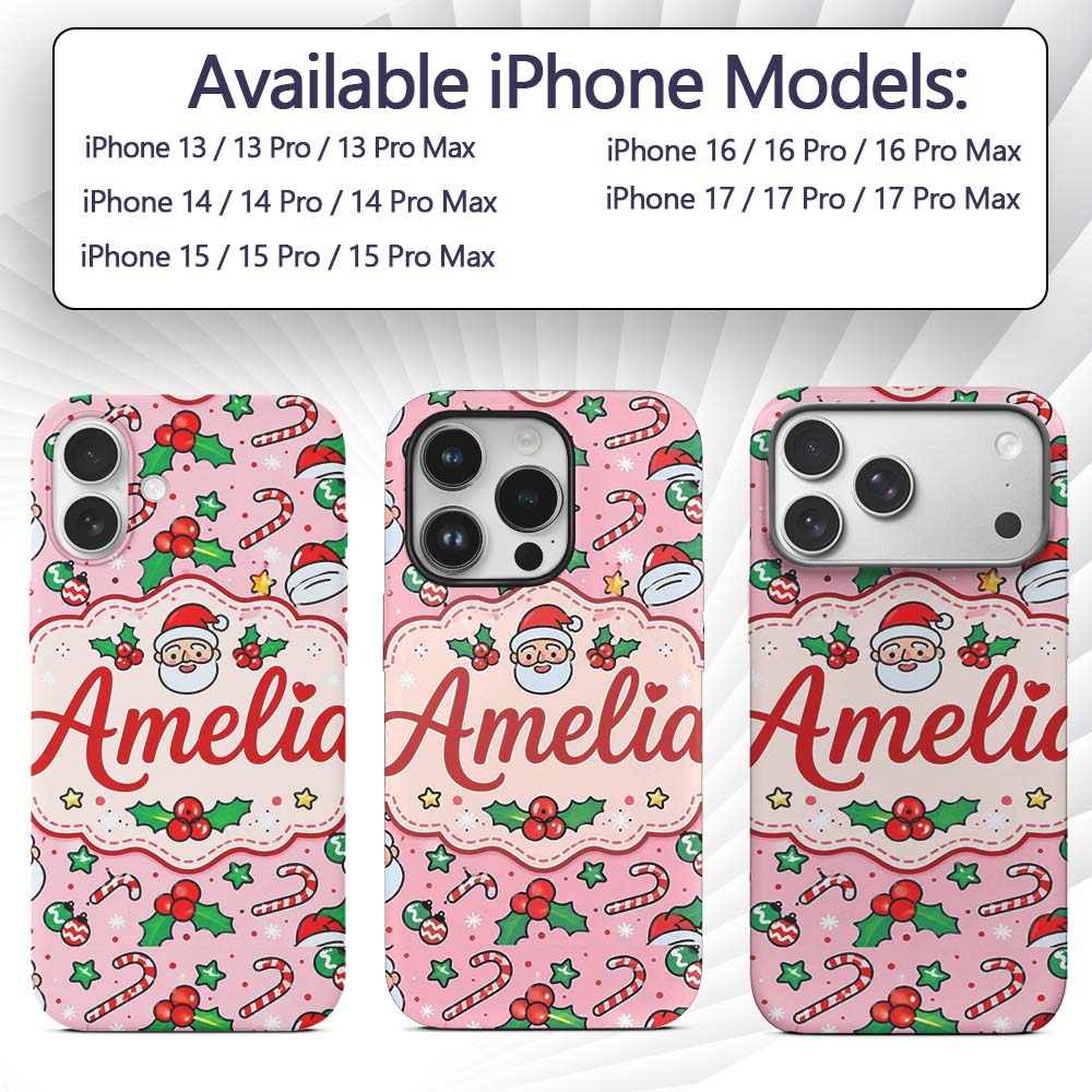 Cute Santa Holly Candy Cane Bauble Printed Design Custom Name Protective Phone Case Mobile Cover Durable Everyday Smartphone Shock Resistant