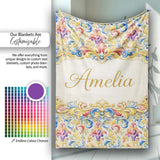 Colourful Rainbow Baroque Floral Bright Artistic Ornamental Design  Personalised Custom Name Super Soft Fleece Blanket Bed Sofa Throw
