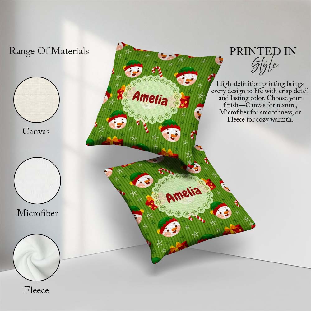 Custom Name Cute Snowman Candy Cane Box Seamless Pattern Festive Square Filled Cushion Throw Pillow Sofa Bed Home Decor Zip Washable UK Made
