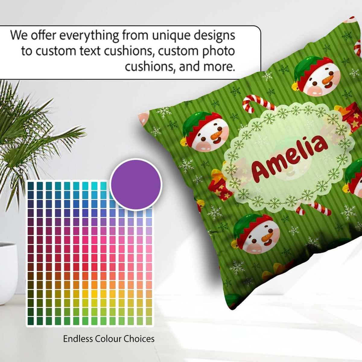 Custom Name Cute Snowman Candy Cane Box Seamless Pattern Festive Square Filled Cushion Throw Pillow Sofa Bed Home Decor Zip Washable UK Made