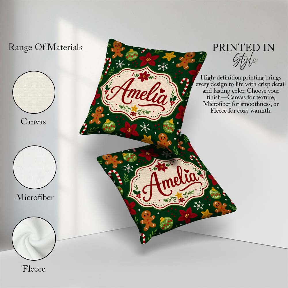 Custom Name Cute Candy Cane Bauble Flower Seamless Pattern Xmas Square Filled Cushion Throw Pillow Sofa Bed Home Decor Zip Washable UK Made