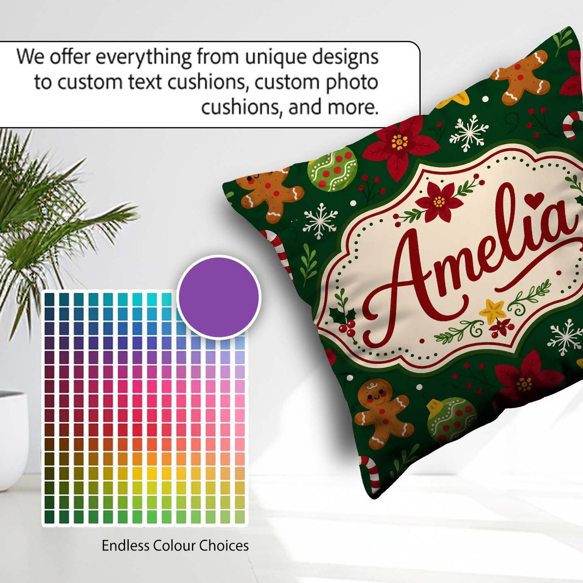Custom Name Cute Candy Cane Bauble Flower Seamless Pattern Xmas Square Filled Cushion Throw Pillow Sofa Bed Home Decor Zip Washable UK Made
