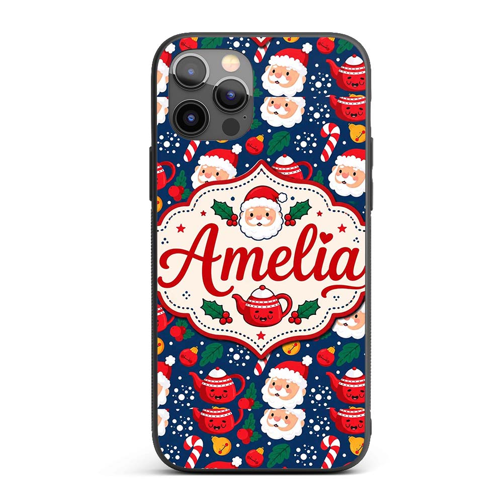 Cute Santa Teapot Candy Cane Holly Printed Design Custom Name Protective Phone Case Mobile Cover Durable Everyday Smartphone Shock Resistant