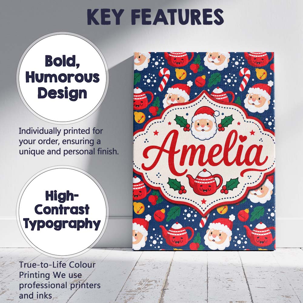 Personalised Name Cute Santa Teapot Candy Custom  Unique Gift Idea Elegant Feature Canvas Wall Art Print Decor Picture Ready to Hang