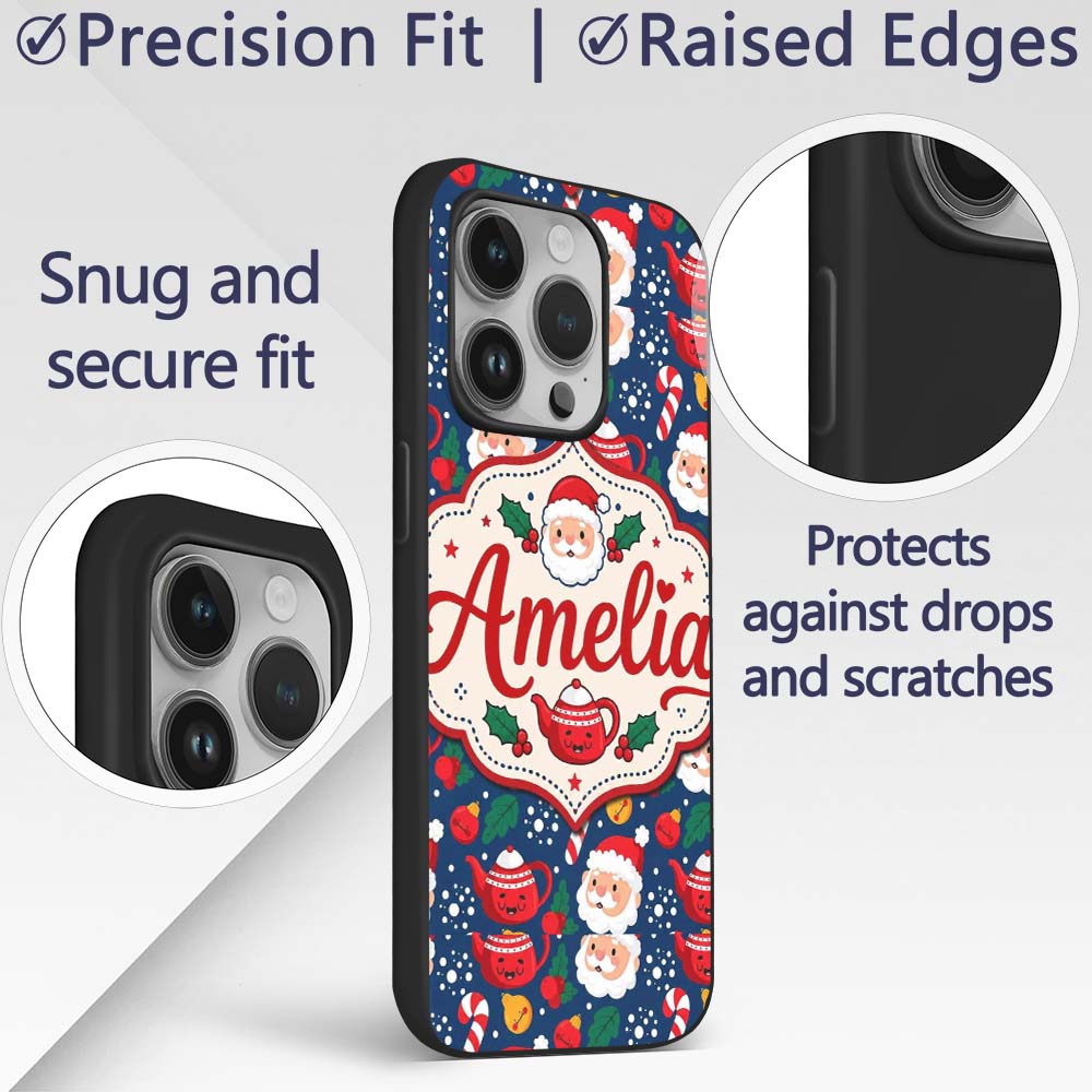 Cute Santa Teapot Candy Cane Holly Printed Design Custom Name Protective Phone Case Mobile Cover Durable Everyday Smartphone Shock Resistant
