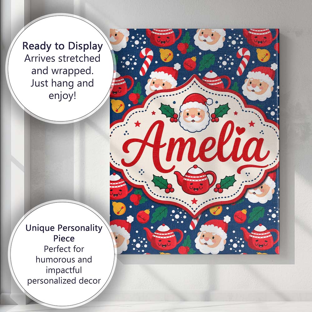 Personalised Name Cute Santa Teapot Candy Custom  Unique Gift Idea Elegant Feature Canvas Wall Art Print Decor Picture Ready to Hang