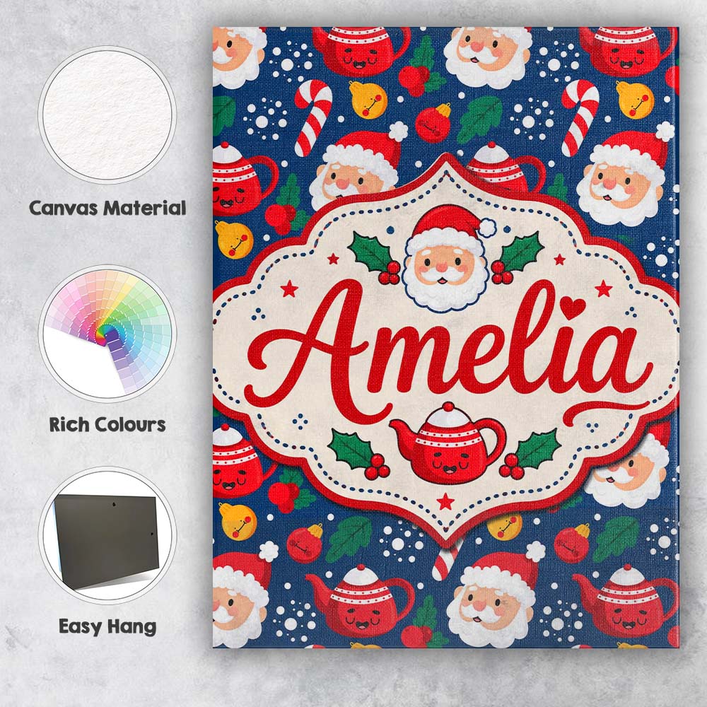 Personalised Name Cute Santa Teapot Candy Custom  Unique Gift Idea Elegant Feature Canvas Wall Art Print Decor Picture Ready to Hang