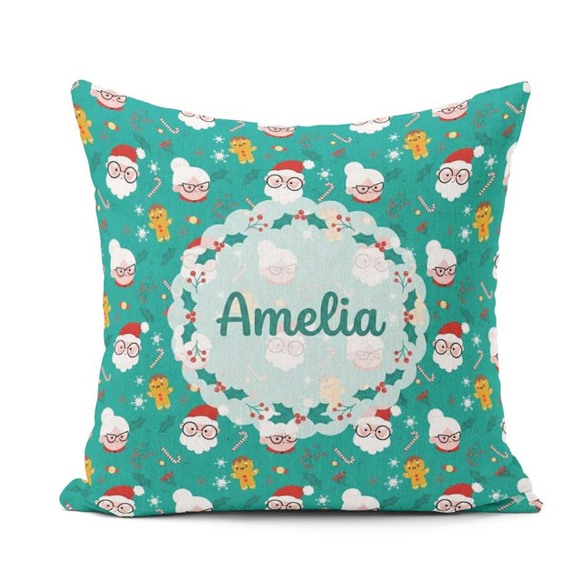 Custom Name Santa Mrs Claus Gingerbread Pattern Christmas Family Square Filled Cushion Throw Pillow Sofa Bed Home Decor Zip Washable UK Made
