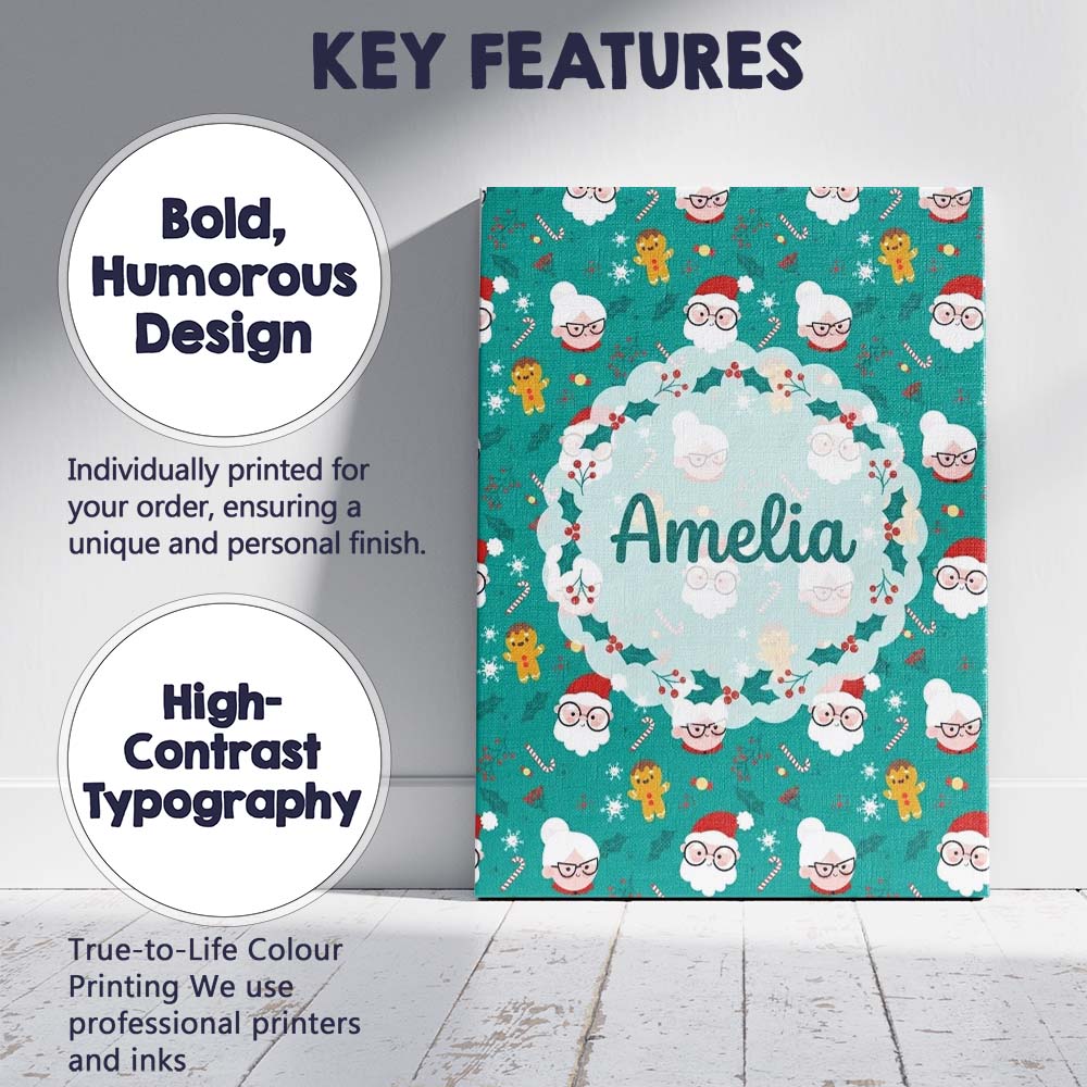 Personalised Name Cute Santa Mrs Claus Custom  Modern Room Accent Elegant Feature Canvas Wall Art Print Decor Picture Ready to Hang