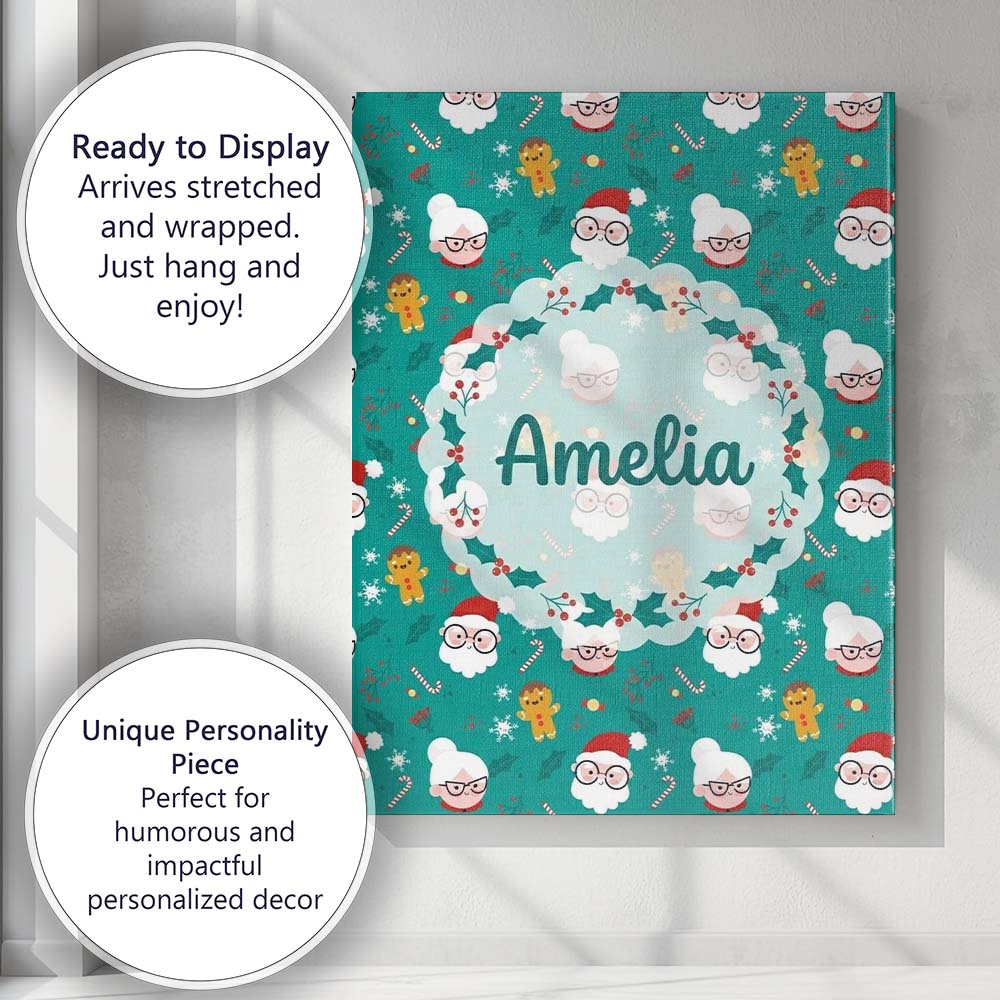 Personalised Name Cute Santa Mrs Claus Custom  Modern Room Accent Elegant Feature Canvas Wall Art Print Decor Picture Ready to Hang