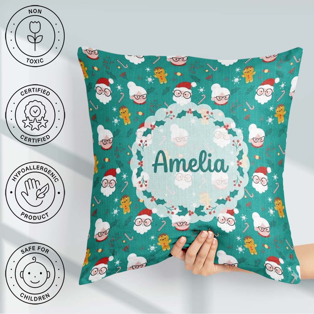 Custom Name Santa Mrs Claus Gingerbread Pattern Christmas Family Square Filled Cushion Throw Pillow Sofa Bed Home Decor Zip Washable UK Made