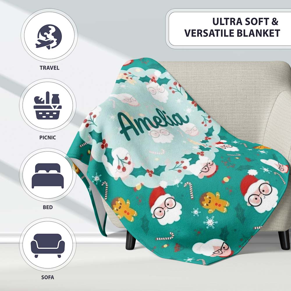 Cute Santa Mrs Claus Gingerbread Seamless Pattern Christmas Family  Personalised Custom Name Super Soft Fleece Blanket Bed Sofa Throw