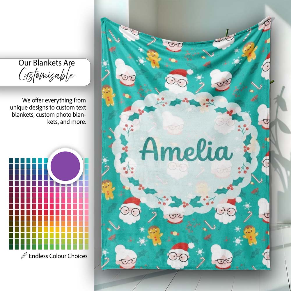 Cute Santa Mrs Claus Gingerbread Seamless Pattern Christmas Family  Personalised Custom Name Super Soft Fleece Blanket Bed Sofa Throw