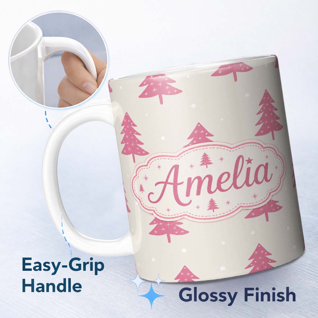 Personalized Custom Name Minimal Pink Christmas Trees Snowflakes Seamless Pattern Lovely 11oz Ceramic Coffee Tea Mug White Large Handle