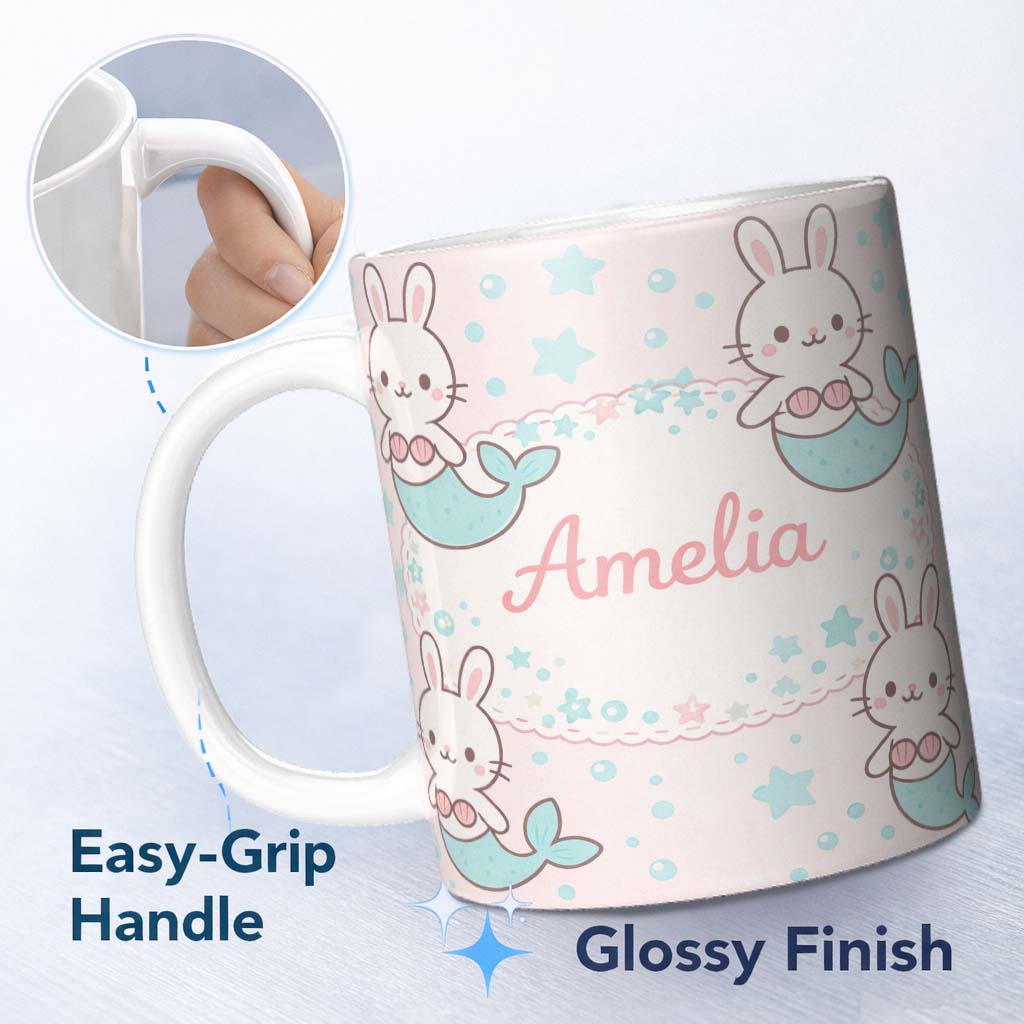 Personalized Custom Name Cute Bunny Mermaid Cartoon Animal Pattern Stylish Everyday Mug 11oz Ceramic Coffee Tea Mug White Large Handle