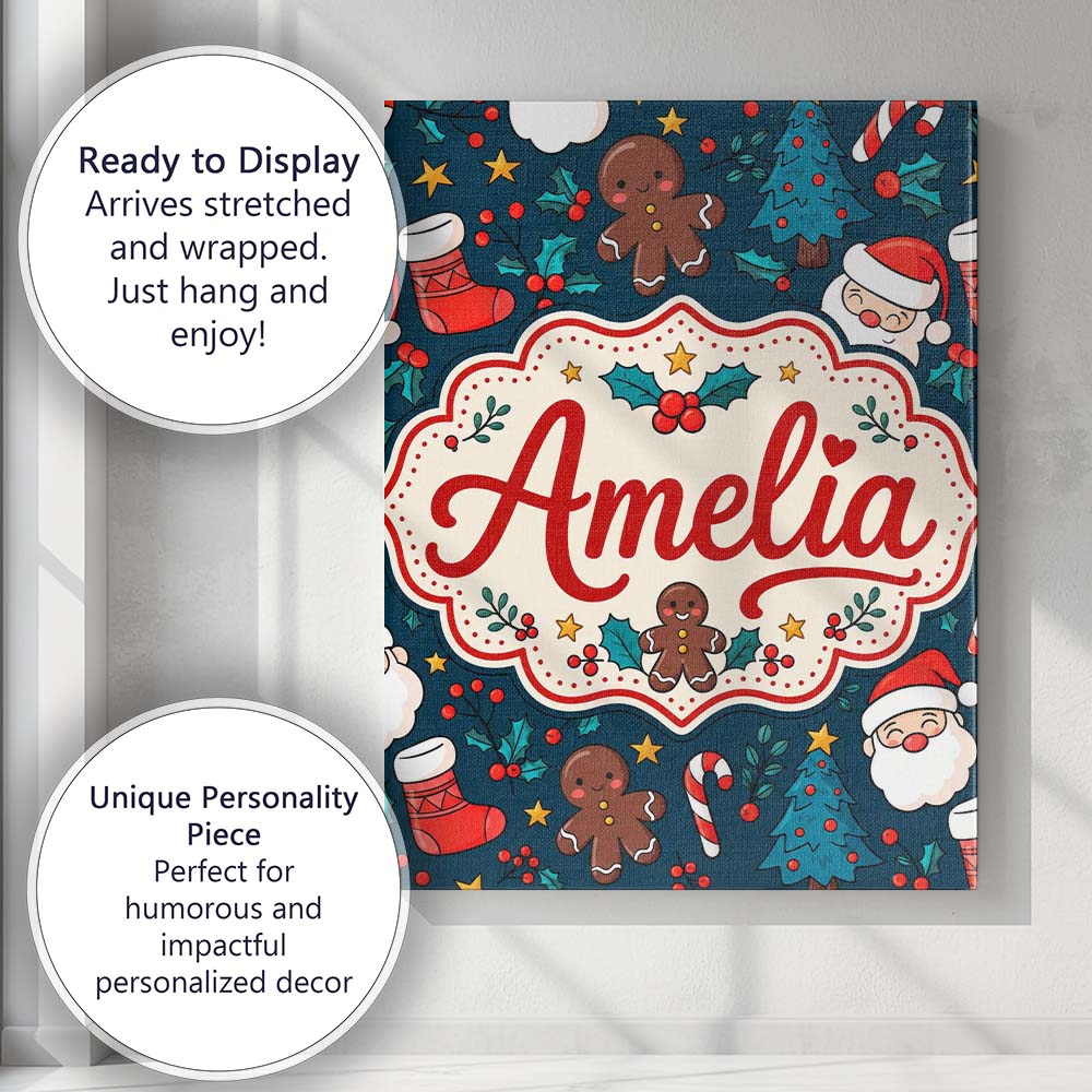 Personalised Name Cute Gingerbread Santa Custom  Unique Gift Idea Elegant Feature Canvas Wall Art Print Decor Picture Ready to Hang