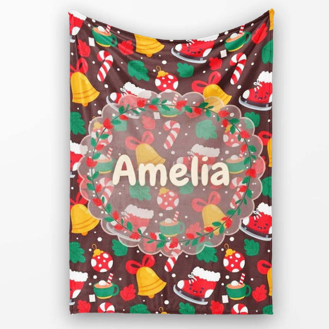 Cute Christmas Ice Skates Bells Candy Canes  Winter Seamless  Personalised Custom Name Super Soft Fleece Blanket Bed Sofa Throw