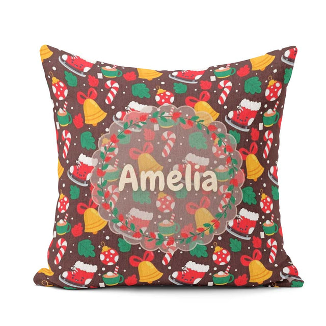 Custom Name Cute Christmas Ice Skates Bells Candy Canes Seamless Square Filled Cushion Throw Pillow Sofa Bed Home Decor Zip Washable UK Made