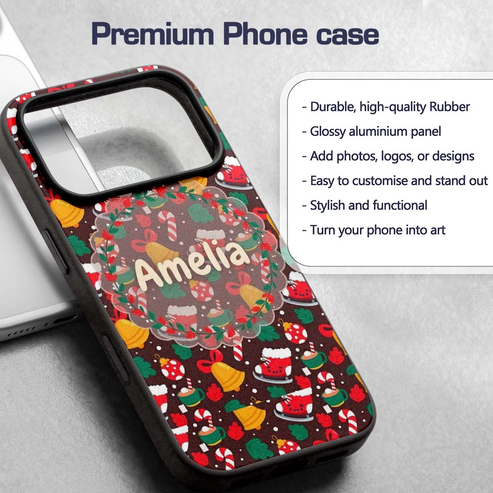 Cute Christmas Ice Skates Bells Printed Design Custom Name Protective Phone Case Mobile Cover Durable Everyday Smartphone Shock Resistant