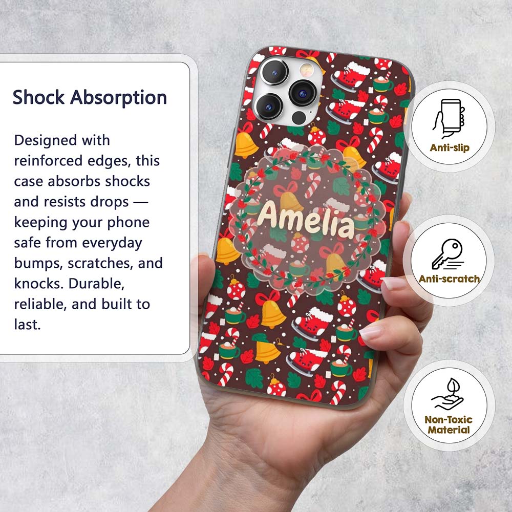 Cute Christmas Ice Skates Bells Printed Design Custom Name Protective Phone Case Mobile Cover Durable Everyday Smartphone Shock Resistant