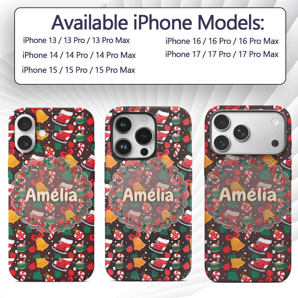 Cute Christmas Ice Skates Bells Printed Design Custom Name Protective Phone Case Mobile Cover Durable Everyday Smartphone Shock Resistant