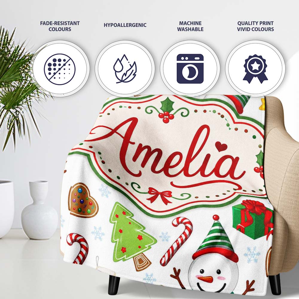 Cute Snowman Candy Cane Christmas Tree Gift Festive Seamless Pattern  Personalised Custom Name Super Soft Fleece Blanket Bed Sofa Throw