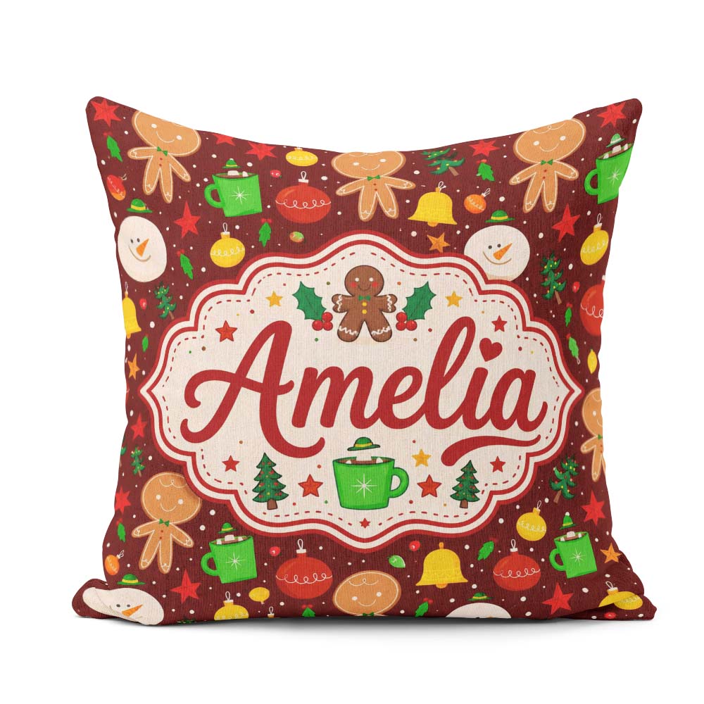 Custom Name Cute Gingerbread Man Snowman Baubles Festive Holiday Square Filled Cushion Throw Pillow Sofa Bed Home Decor Zip Washable UK Made