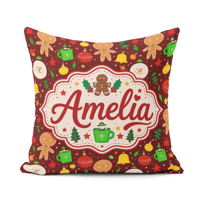 Custom Name Cute Gingerbread Man Snowman Baubles Festive Holiday Square Filled Cushion Throw Pillow Sofa Bed Home Decor Zip Washable UK Made