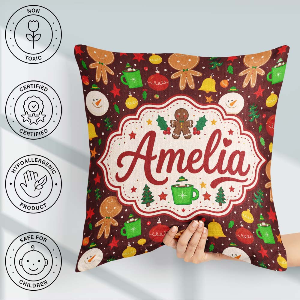 Custom Name Cute Gingerbread Man Snowman Baubles Festive Holiday Square Filled Cushion Throw Pillow Sofa Bed Home Decor Zip Washable UK Made