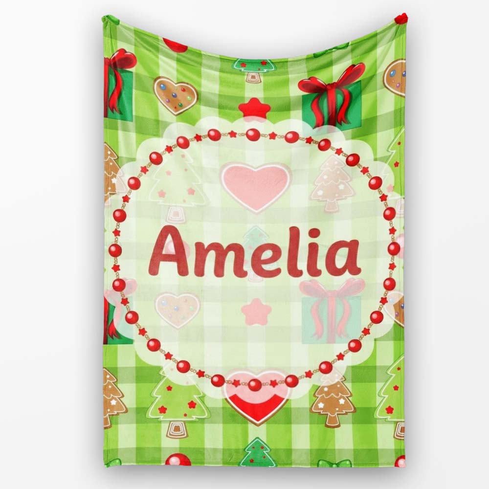 Cute Christmas Trees Hearts Gifts Green Plaid Seamless Pattern  Personalised Custom Name Super Soft Fleece Blanket Bed Sofa Throw