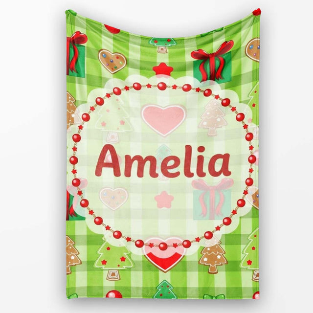 Cute Christmas Trees Hearts Gifts Green Plaid Seamless Pattern  Personalised Custom Name Super Soft Fleece Blanket Bed Sofa Throw