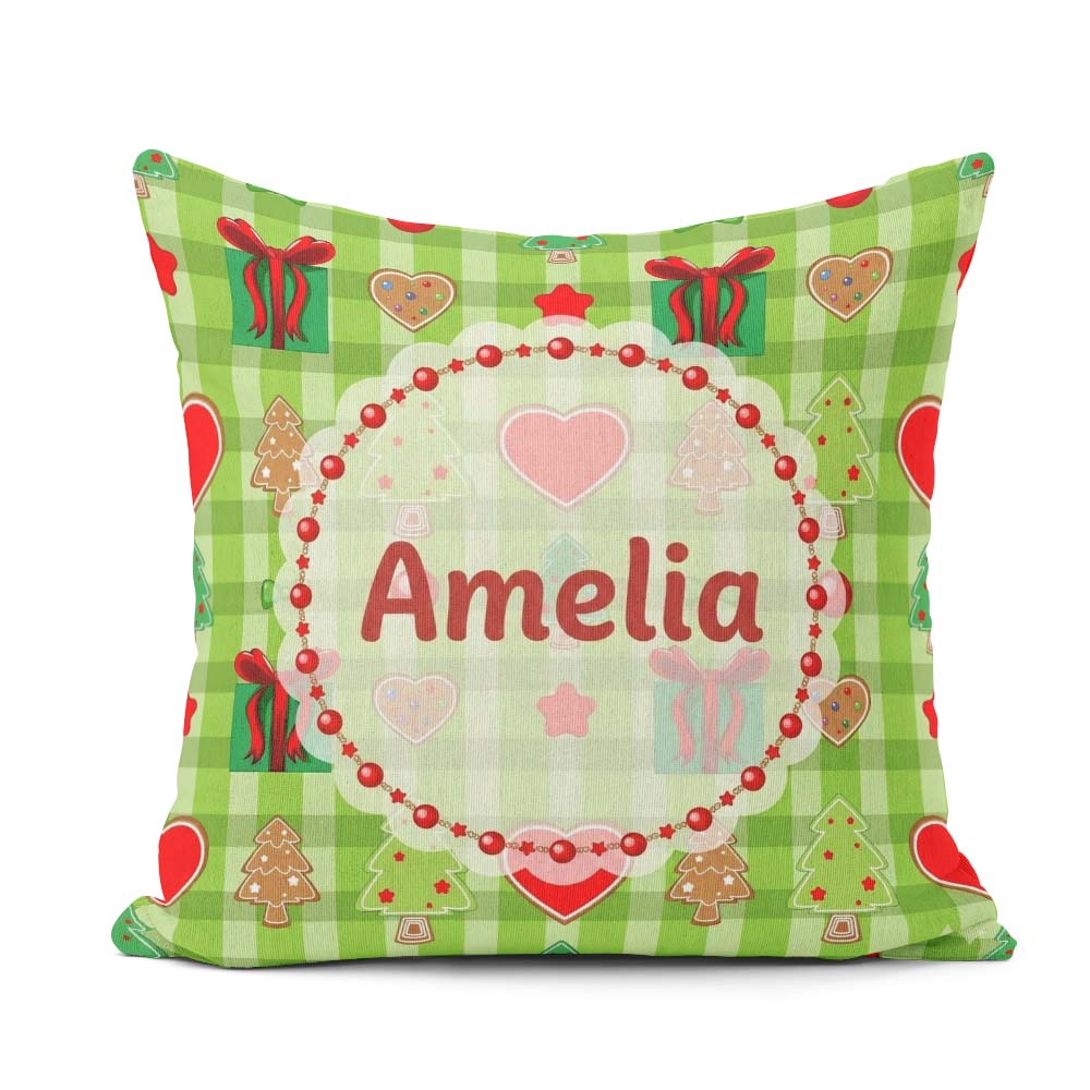 Custom Name Cute Trees Hearts Gifts Green Plaid Seamless Pattern Square Filled Cushion Throw Pillow Sofa Bed Home Decor Zip Washable UK Made