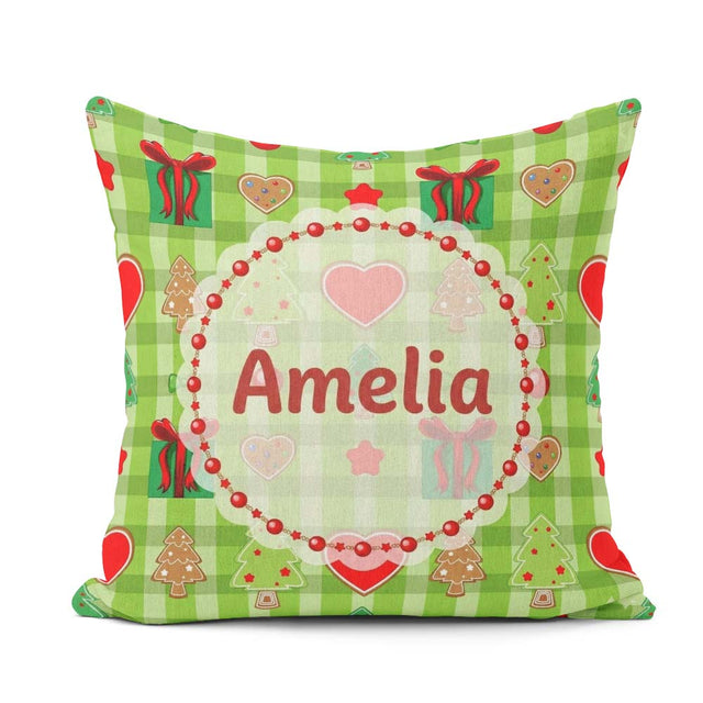 Custom Name Cute Trees Hearts Gifts Green Plaid Seamless Pattern Square Filled Cushion Throw Pillow Sofa Bed Home Decor Zip Washable UK Made