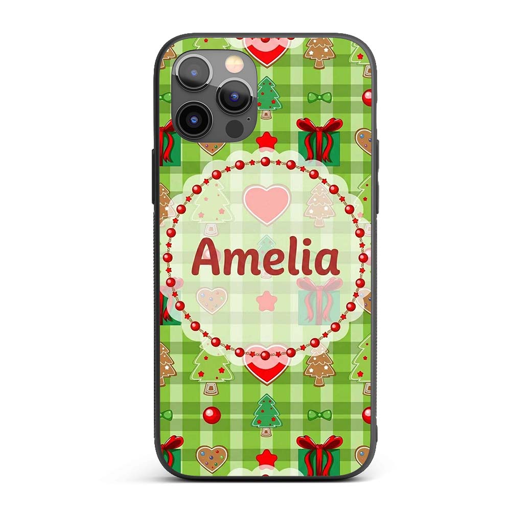 Cute Christmas Trees Hearts Gifts Green Plaid Custom Name Protective Phone Case Mobile Cover Durable Everyday Smartphone Shock Resistant