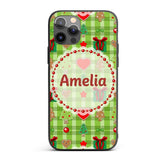 Cute Christmas Trees Hearts Gifts Green Plaid Custom Name Protective Phone Case Mobile Cover Durable Everyday Smartphone Shock Resistant