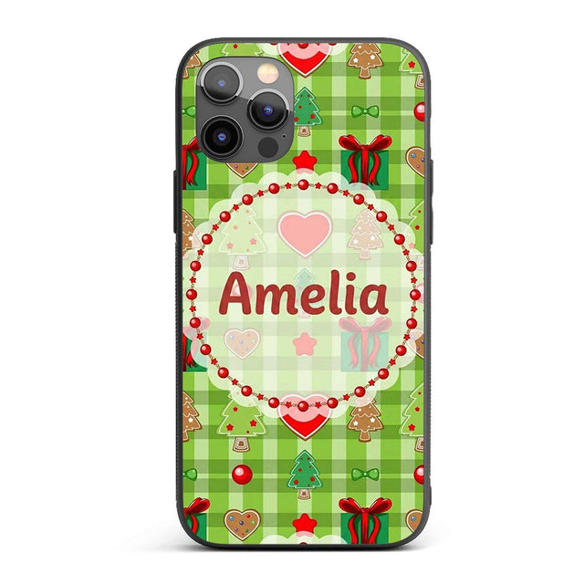 Cute Christmas Trees Hearts Gifts Green Plaid Custom Name Protective Phone Case Mobile Cover Durable Everyday Smartphone Shock Resistant
