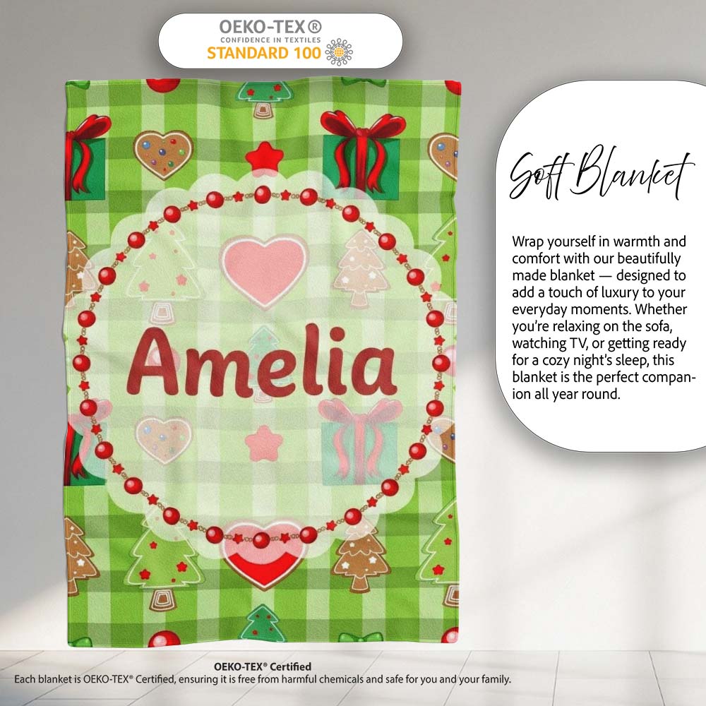 Cute Christmas Trees Hearts Gifts Green Plaid Seamless Pattern  Personalised Custom Name Super Soft Fleece Blanket Bed Sofa Throw