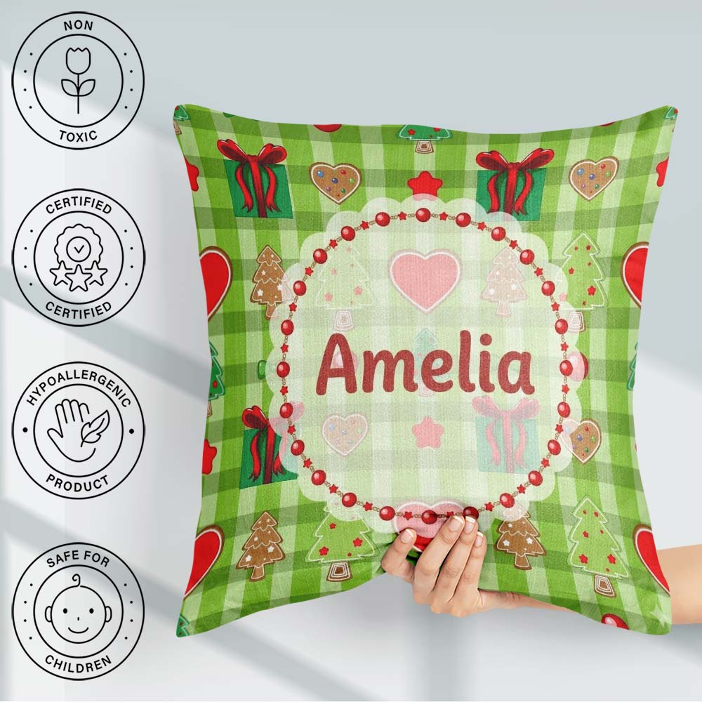 Custom Name Cute Trees Hearts Gifts Green Plaid Seamless Pattern Square Filled Cushion Throw Pillow Sofa Bed Home Decor Zip Washable UK Made