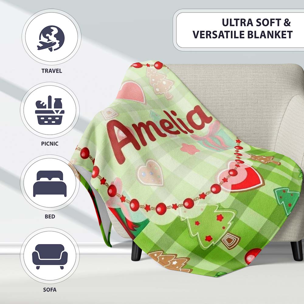 Cute Christmas Trees Hearts Gifts Green Plaid Seamless Pattern  Personalised Custom Name Super Soft Fleece Blanket Bed Sofa Throw
