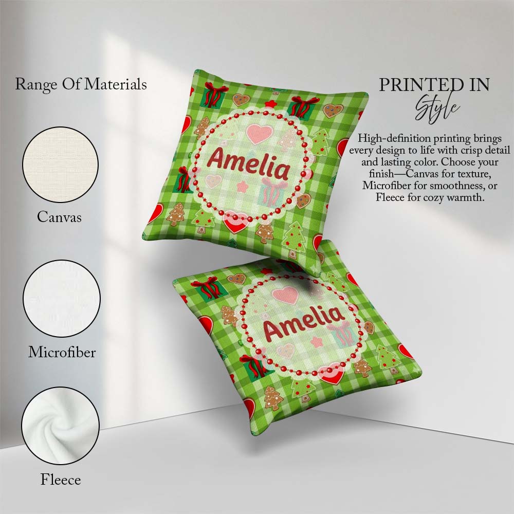 Custom Name Cute Trees Hearts Gifts Green Plaid Seamless Pattern Square Filled Cushion Throw Pillow Sofa Bed Home Decor Zip Washable UK Made