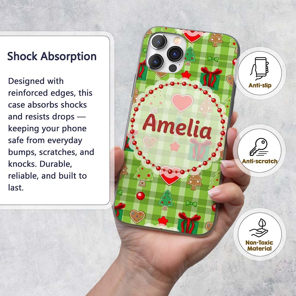 Cute Christmas Trees Hearts Gifts Green Plaid Custom Name Protective Phone Case Mobile Cover Durable Everyday Smartphone Shock Resistant