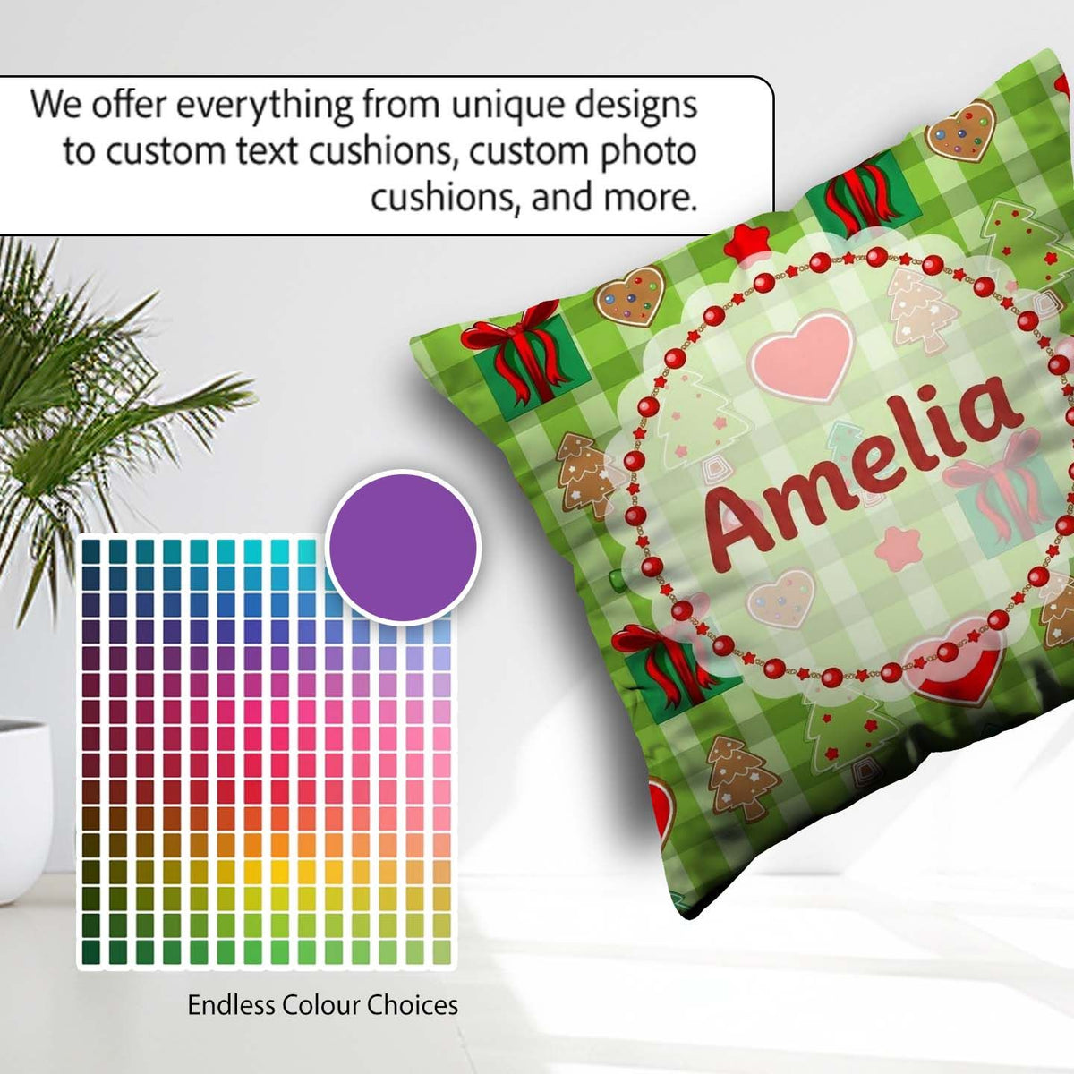 Custom Name Cute Trees Hearts Gifts Green Plaid Seamless Pattern Square Filled Cushion Throw Pillow Sofa Bed Home Decor Zip Washable UK Made