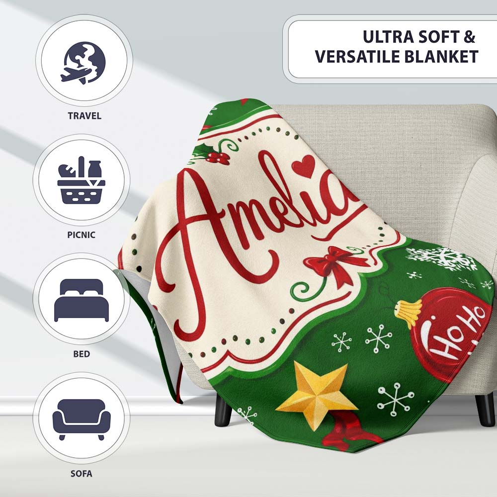 Cute Snowman Ho Ho Baubles Stars Festive Holiday Seamless Pattern  Personalised Custom Name Super Soft Fleece Blanket Bed Sofa Throw