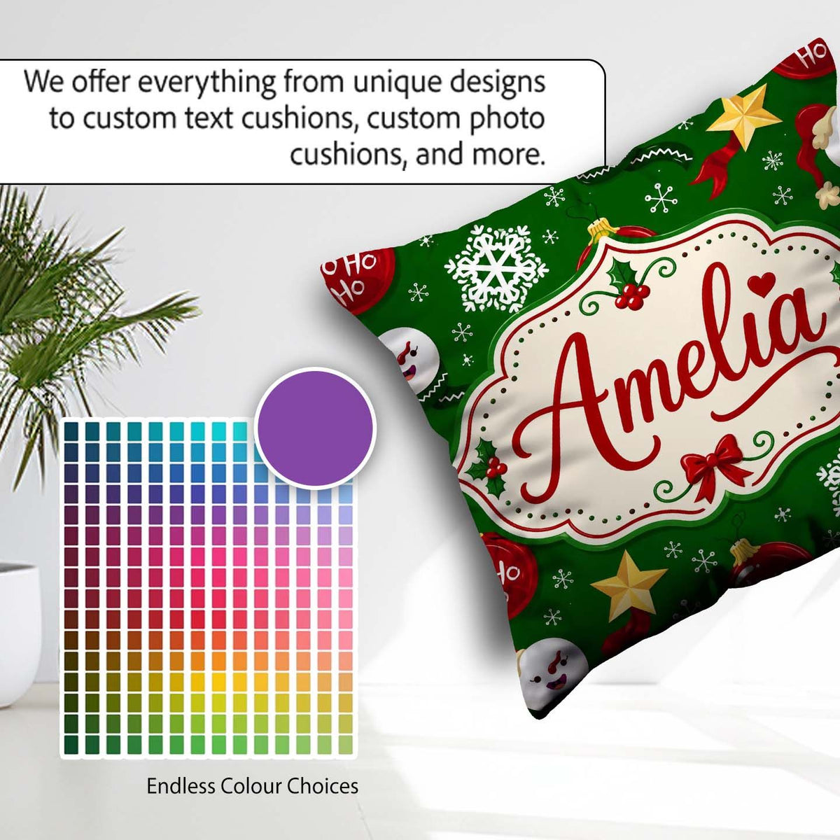 Custom Name Snowman Ho Ho Baubles Stars Festive Holiday Seamless Square Filled Cushion Throw Pillow Sofa Bed Home Decor Zip Washable UK Made