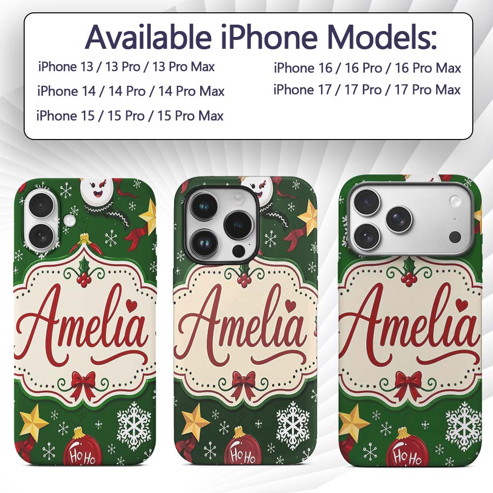 Cute Snowman Ho Baubles Stars Festive Holiday Custom Name Protective Phone Case Mobile Cover Durable Everyday Smartphone Shock Resistant