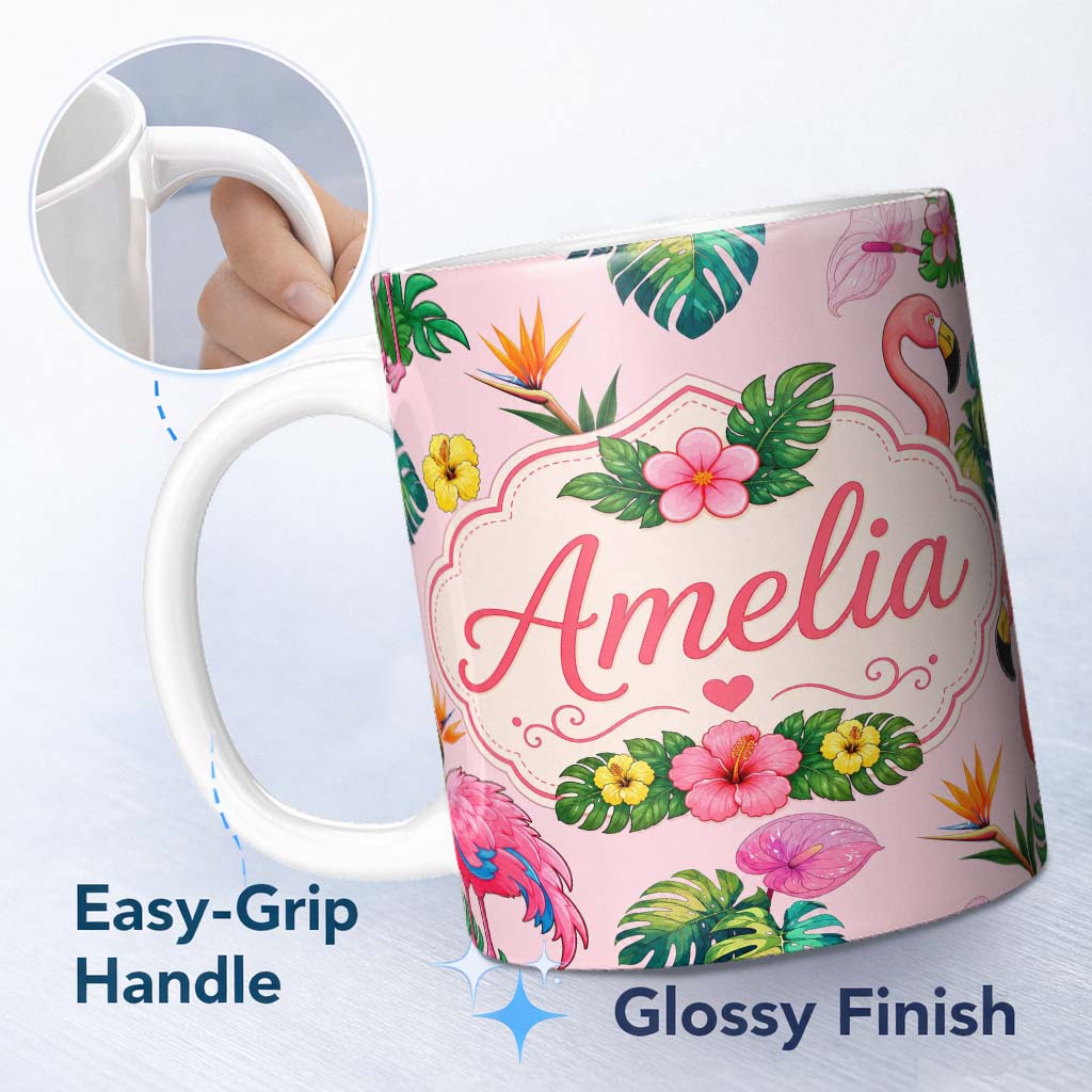 Personalized Custom Name Tropical Flamingo Bird with Exotic Flowers Leaves Blush Pink Lovely 11oz Ceramic Coffee Tea Mug White Large Handle
