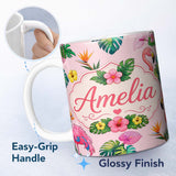 Personalized Custom Name Tropical Flamingo Bird with Exotic Flowers Leaves Blush Pink Lovely 11oz Ceramic Coffee Tea Mug White Large Handle