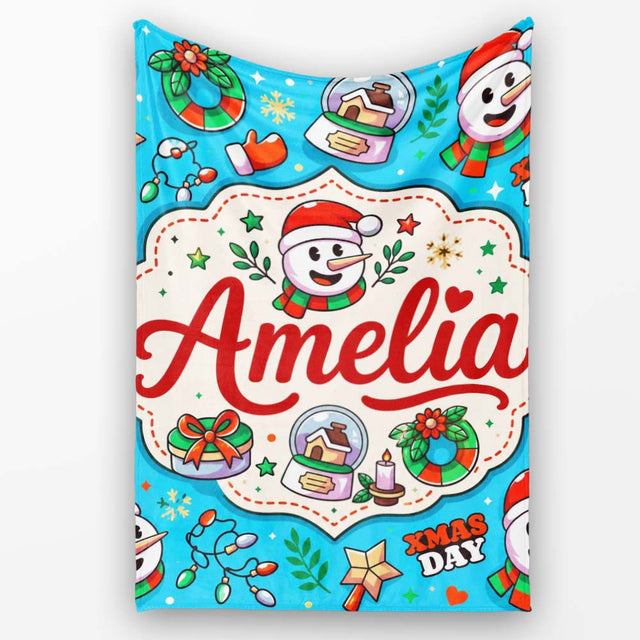 Cute Snowman Xmas Day Wreath Gifts Festive Seamless Pattern Lovely  Personalised Custom Name Super Soft Fleece Blanket Bed Sofa Throw